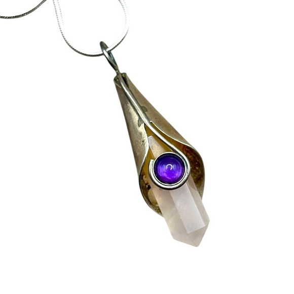 HANDMADE STERLING SILVER PINK QUARTZ AND AMETHYST PENDANT - Picture 3 of 4